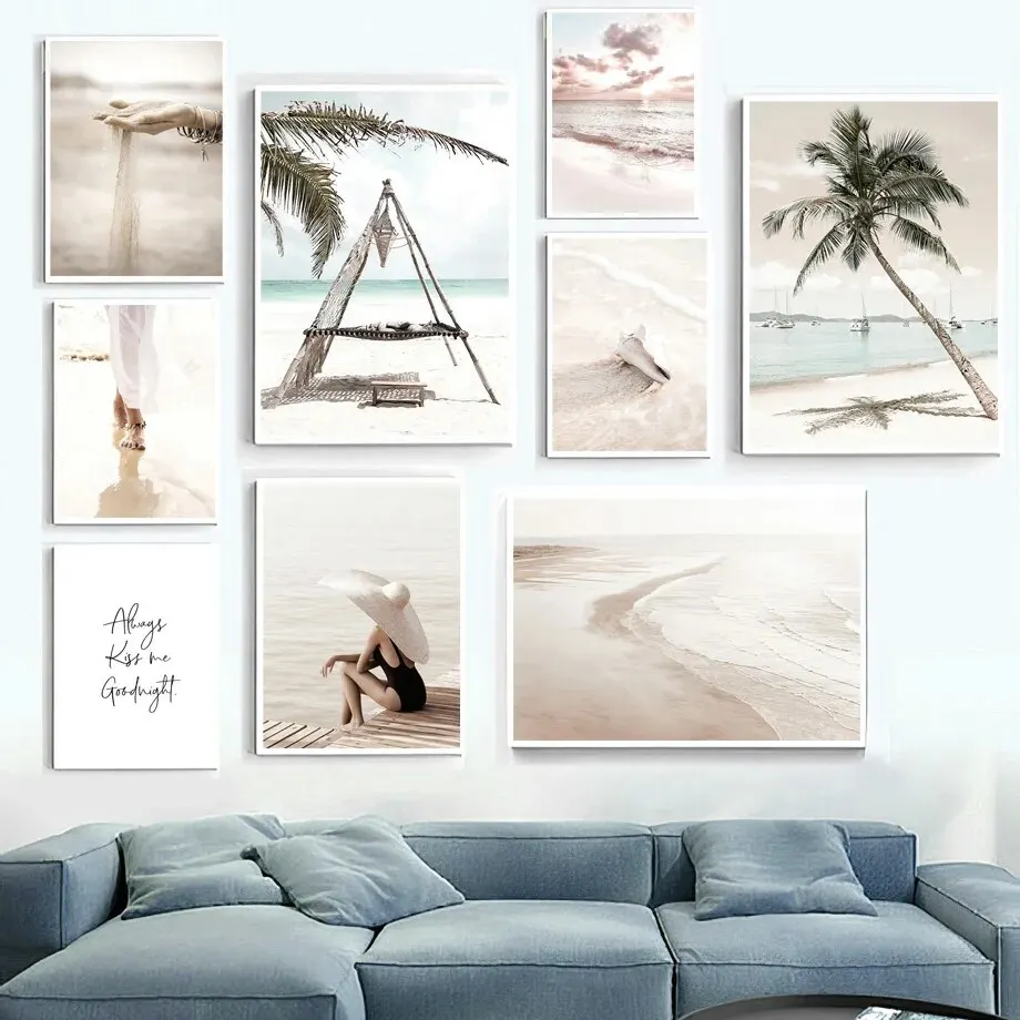 Coastal Beach Scene Canvas Art with Surfboard & Palms - Nordic Style Wall Decor for Living Room