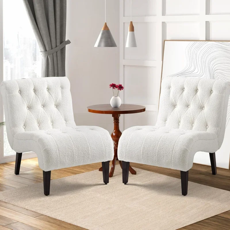 AVAWING Armless Teddy Accent Chair Set of 2, Upholstered Lounge Chair with Wood Legs, Comfy Reading Chair for Living Room &