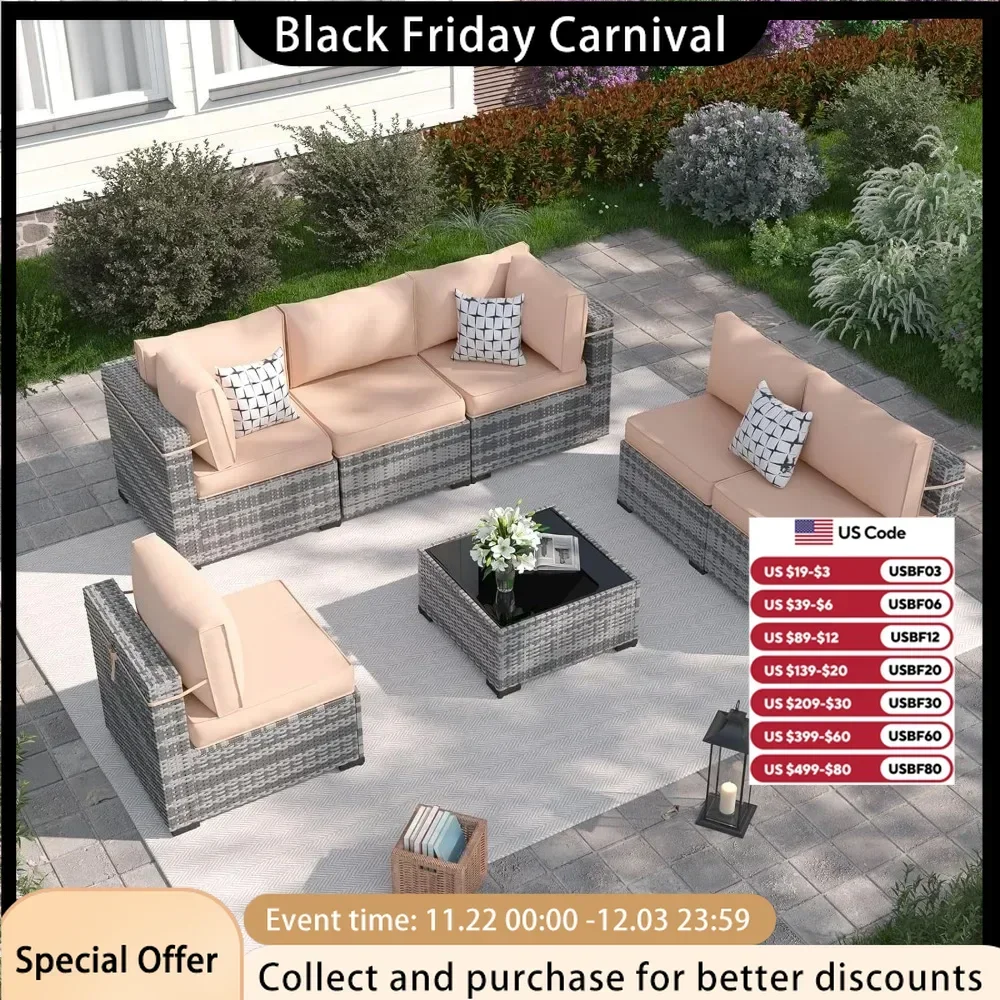 Outdoor Sofa, 7-piece Outdoor Split Willow Sofa (khaki Color), with Courtyard Furniture Set, Outdoor Courtyard Home Sofa Set