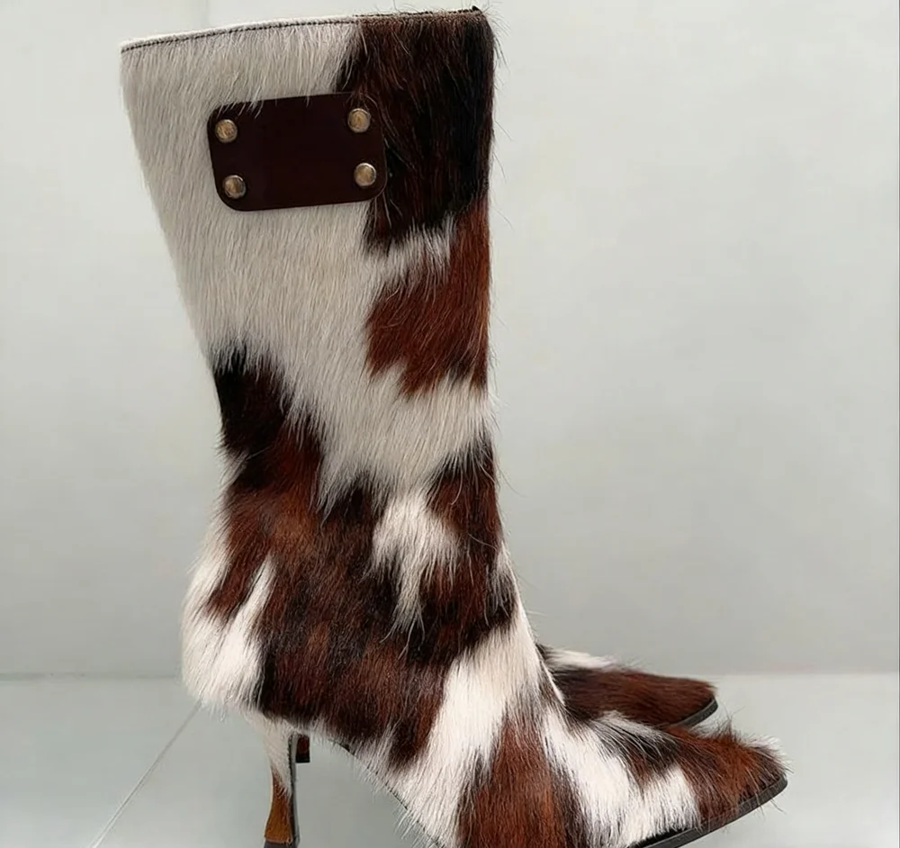 Vogue Cow Print Pointed Toe Mid-Calf Boots Furry Upper Leather Patch Avant-Garde Style Stiletto Mid-calf Boots