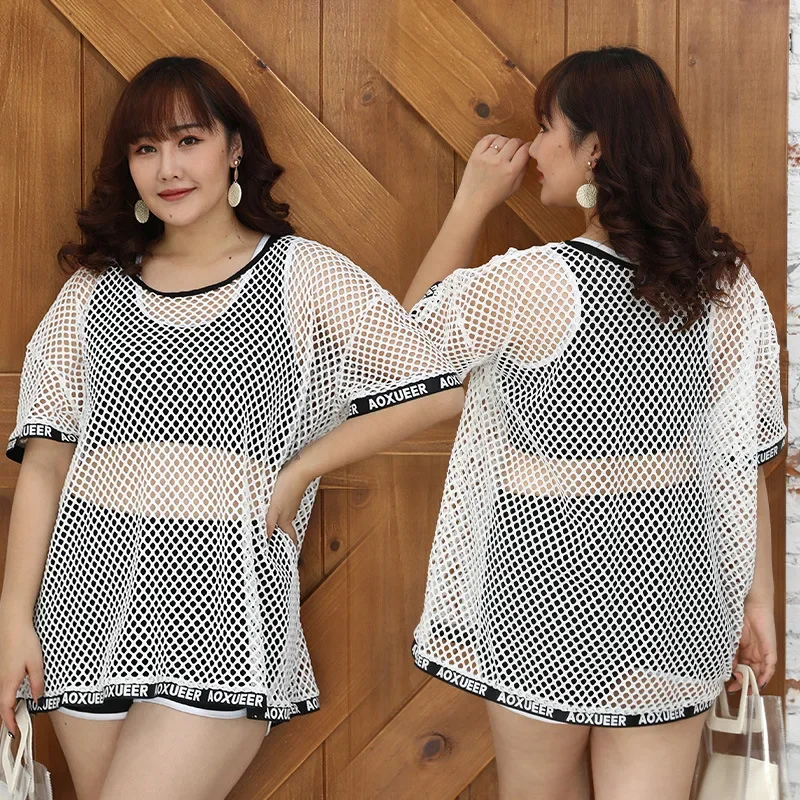 Plus Size Swimwear 2023 Korean Style Three - Piece Short-Sleeve Blouse Sports Trend Bikinis Bathing Suit for Women