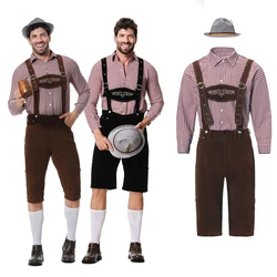 Trzyczęściowy zestaw kostium Oktoberfest Lederhosen dla mężczyzn Bavarian niemieckie piwo festiwale szelki koszula kapelusz męskie kostiumy Cosplay