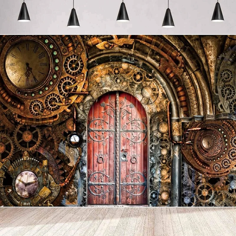 빈티지 메탈릭 기계식 청동 시계 기어, 사진 배경, 금속 문짝 배경, 벽 향수 스타일 포스터 배너