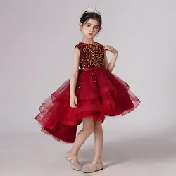 Girls Sequin Trailing Shining Party Dress Kids Fluffy Wedding Princess Gown Young Girl Lace Evening Clothes Children Flash Wear