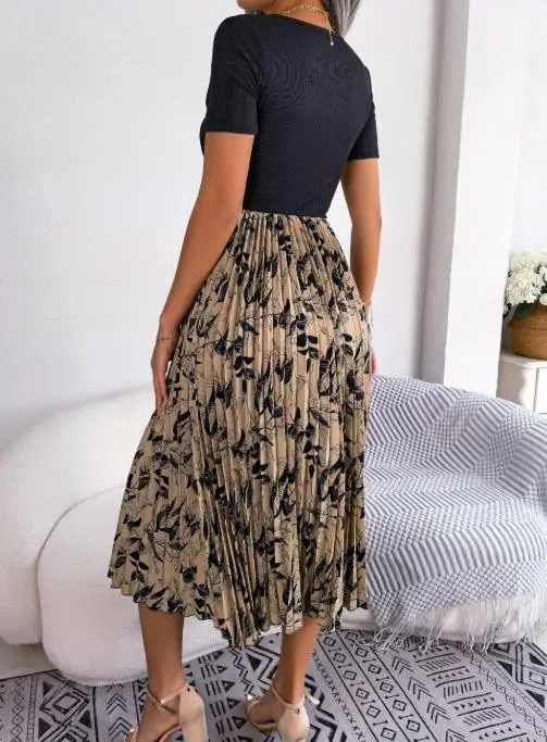 

2025 New Spring/summer Casual Leaf High Waist Pleated Mid Length Skirt