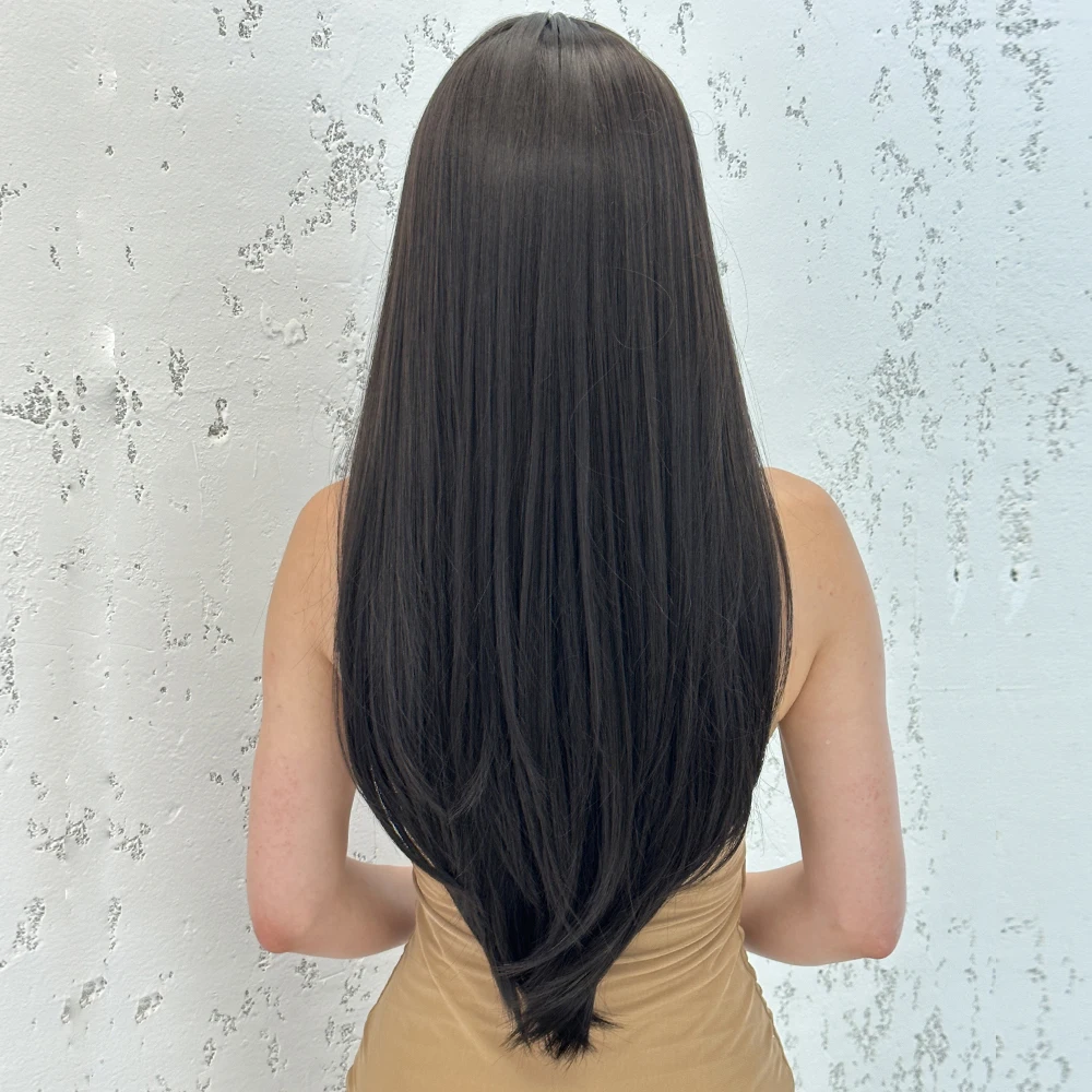 Fashion Eight-figure Fringe Black Long Straight Wig Full Head Set Hair Tail Slightly Buckle The Whole Wig Woman