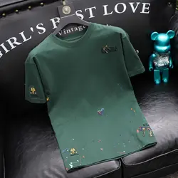 Trendy Brand Splash-ink Embroidery Printed Short-sleeved T-shirt 2024 Summer New Style Light Luxury Men Shirt