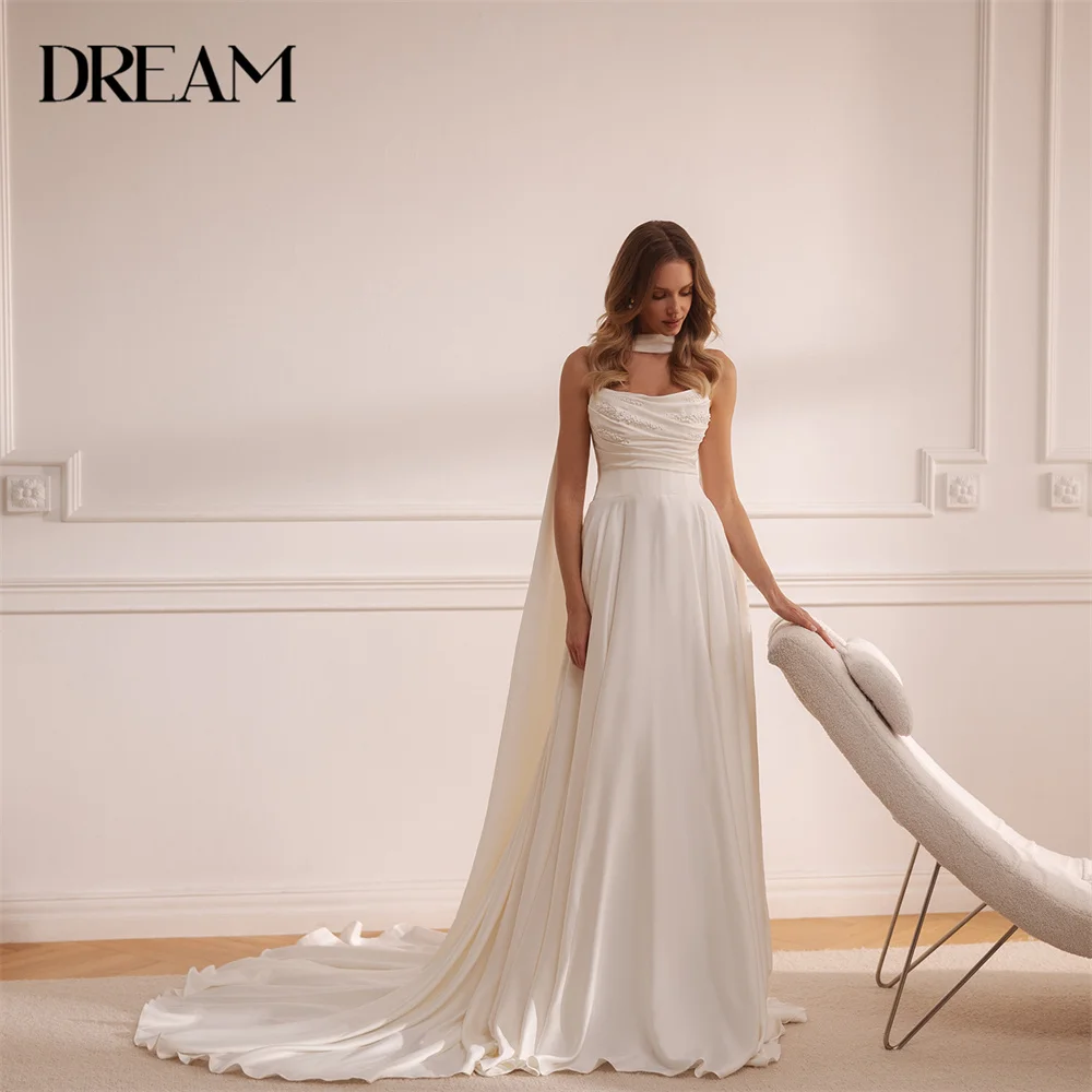 DREAM Boat Neck Beading A-Line Wedding Dress Women Pleat Shawl Open Back Sweep Train Bridal Gown Vestidos De Novia Customized
