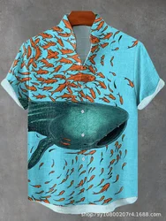 2024 Men's Shirt Hot Sale Hawaiian Shirt Big Fish Eat Small Fish Pattern European Size Beach Foreign Trade Men's Plus Size Shirt