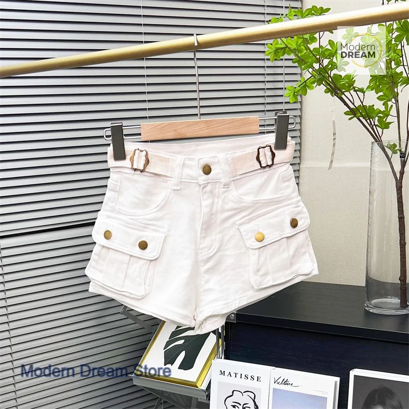 Korean-style big pocket casual wear denim shorts women's summer new fashion elastic slim high waist hot pants for spice girls.