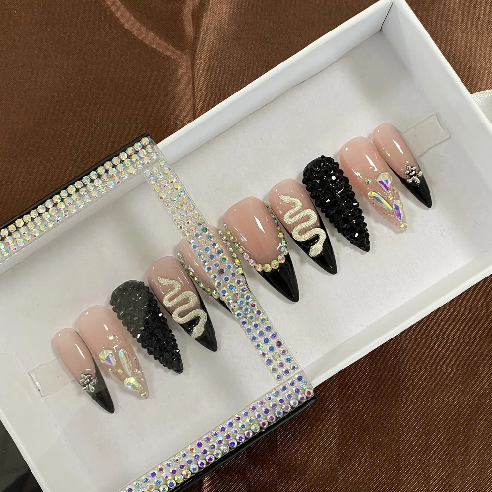 High Quality Handmade Acrylic Press-On Fingernails Art 10PCS Glossy Bling Short Hand Made Nails with Glue Tool