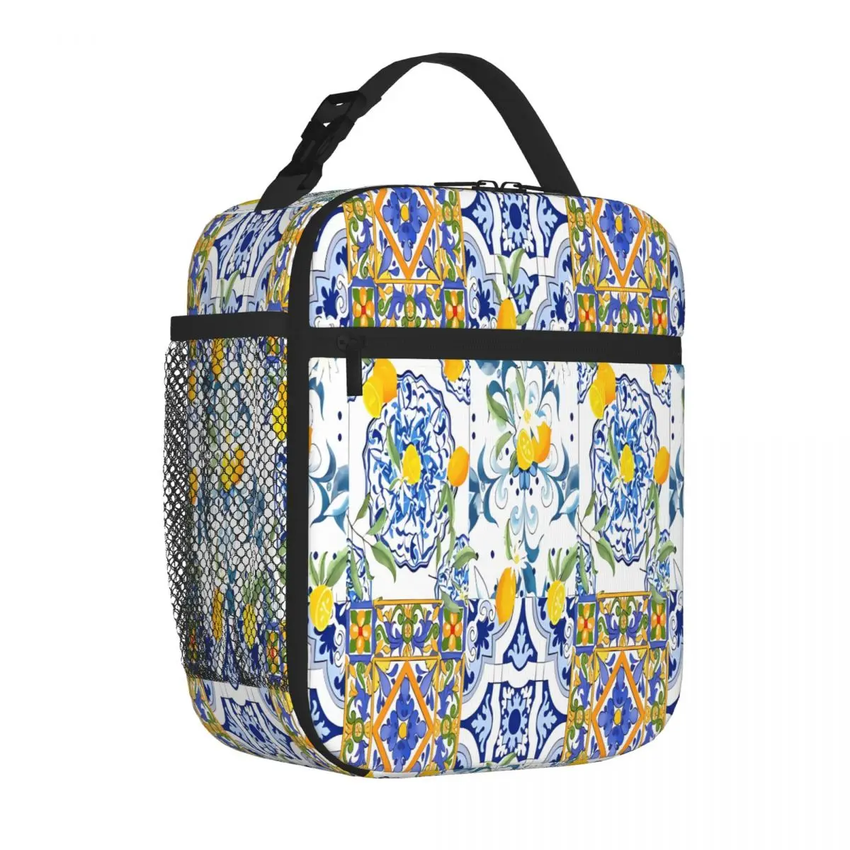 Bestselling Summer,citrus,mosaic Background ,Mediterranean Plain Design Student Lunch Bag Student Daily Food Storage Bag