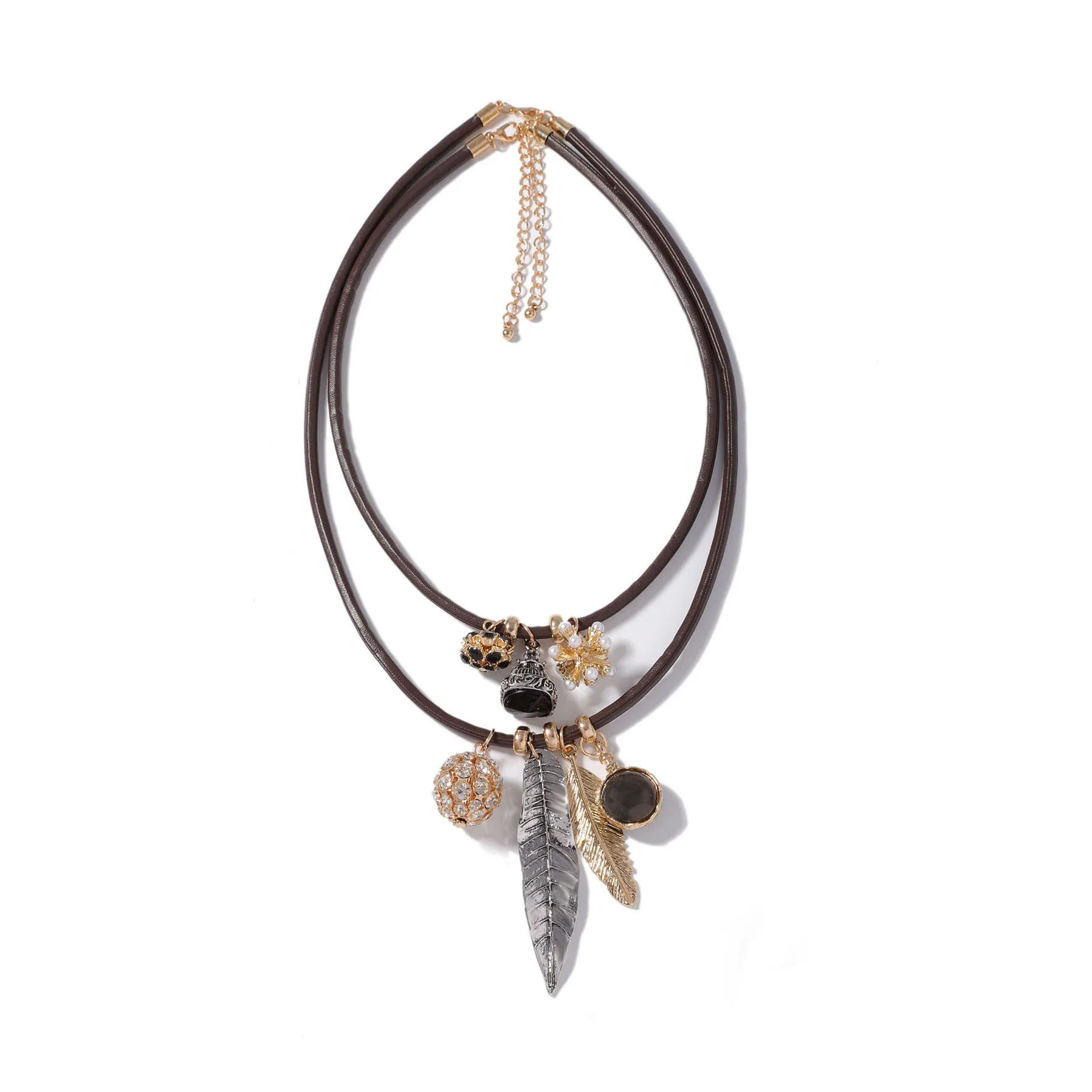 

ZAA Vintage Ethnic Style Leather Rope Necklaces Feathers Leaves Charms Necklaces for Women Retro Indian Jewelry 2Pcs/set