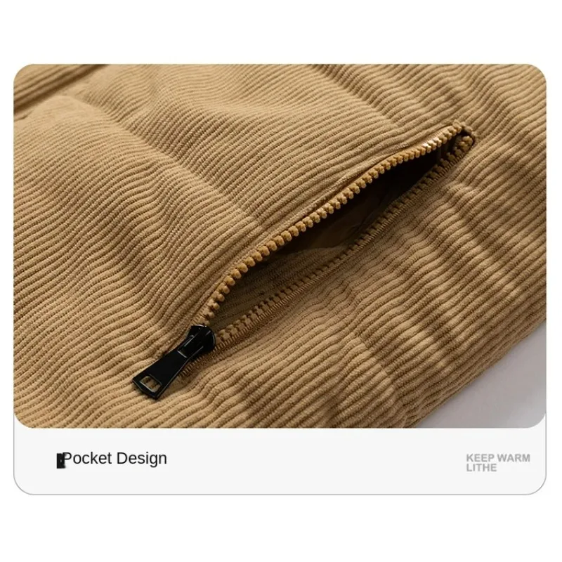 Jaket korduroi pria musim gugur musim dingin, mantel bantalan hangat pria kerah berdiri bisnis Retro modis warna polos baru