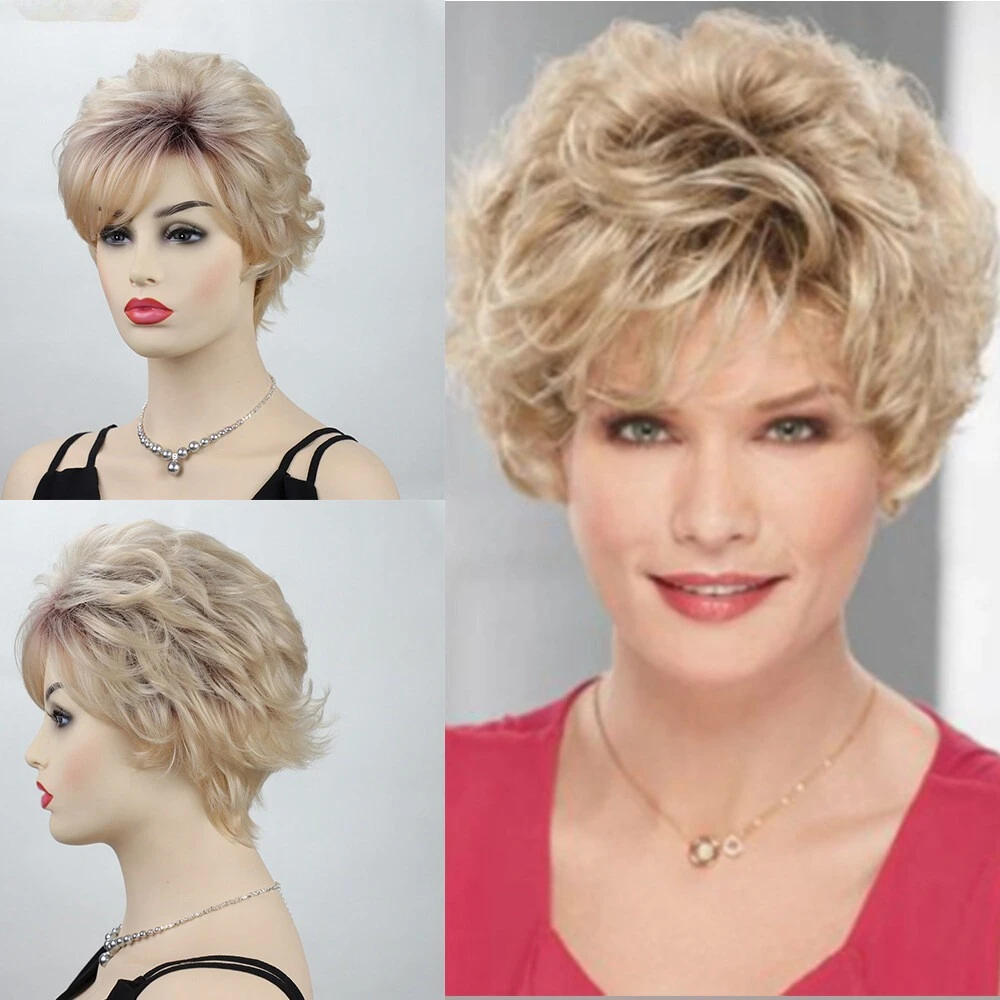

Women Short Synthetic Wigs Gradient Blonde Hair Fashion Natural Curly Wavy Wig