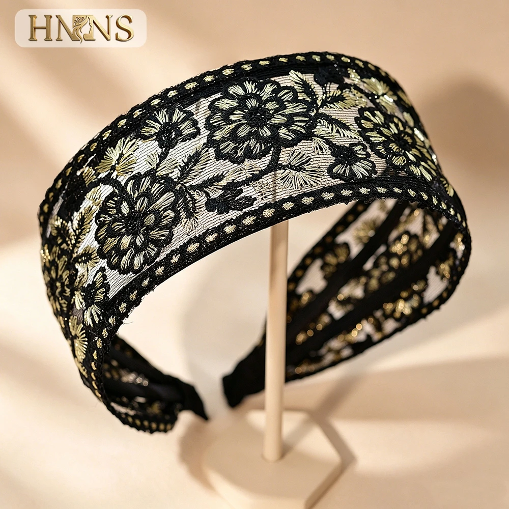HNNNS Black Gold Floral Lace Headband Vintage Embroidered Hairband For Women Elegant Wide Hair Hoop For Party YXA431