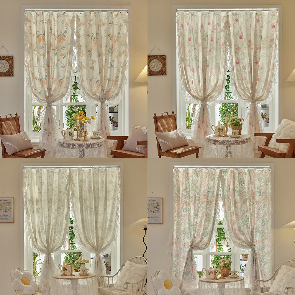 Lace Curtains Fruit Pattern Window Curtain Floral Tulle Drapes French Bedroom Accessories Gauze INS Girls Room Decoration 레이스커튼