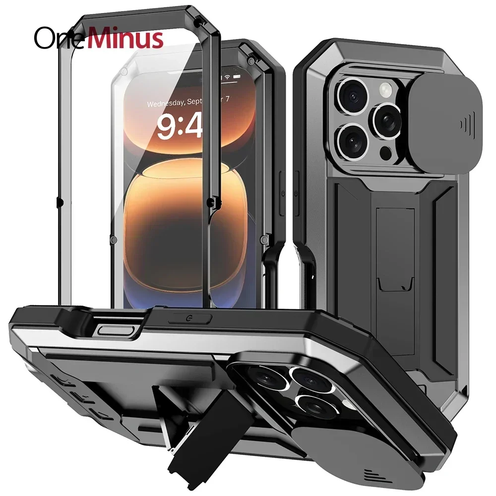 

Metal Armor For iphone 16 Pro Max Full-Body Rugged Case 15 Plus Shockproof With Kickstand Built-in Protector Slide Camera Cover