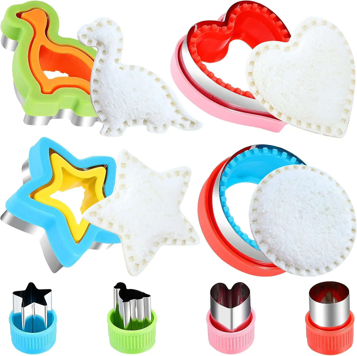 

Sandwich Cutter and Sealer Set - 4 Bread Crust Removers with Cookie Cutters, Heart Star Dinosaur Circle Shapes for Bento Box