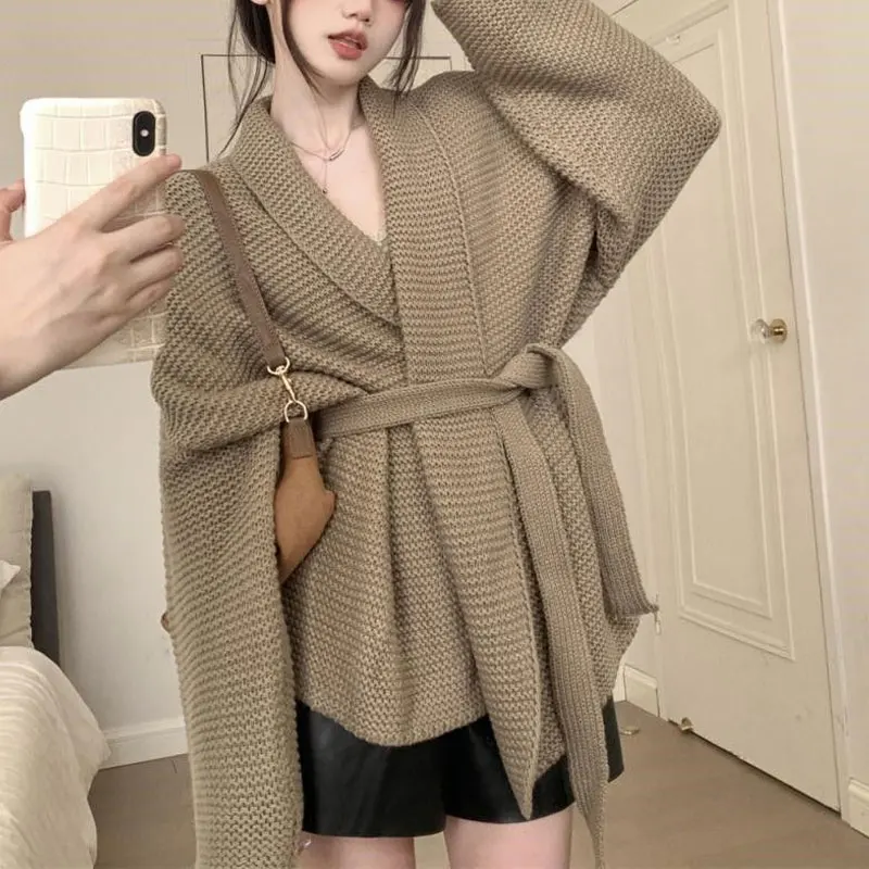 

French Style V-Neck Cardigan Female Clothing Solid Color Elegant Fashion Bandage 2024 Autumn Winter Long Sleeve Knitted Sweaters