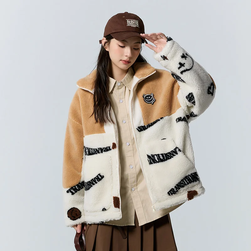 Semir Coat Women Mid-Length Oversize Imitation Lamb Wool Lettering Sweet Cool Winter Stand-Up Collar Color Matching Casual Coat