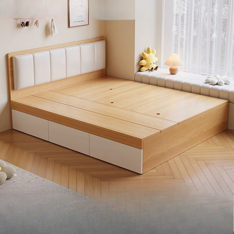 سرير تاتامي من الخشب الصلب، سرير مزدوج للتخزين عالي الصندوق، بساطة حديثة، تخزين، شقة صغيرة