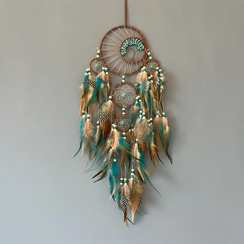 

High Grade Turquoise Life Tree Dream Catching Net Pendant with Colorful Feather Wind Chime Wall Decoration Pendant