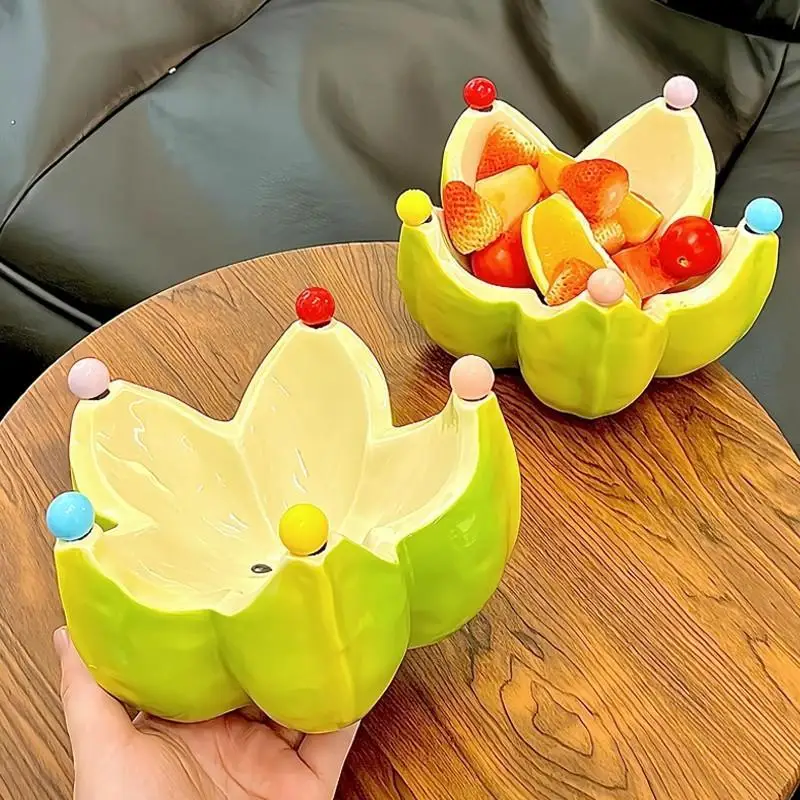 Ceramic Starfruit Fruit Bowl Set with Stainless Steel Fruit Forks Large-Capacity Ceramic Salad and Dessert Bowls for Home Use