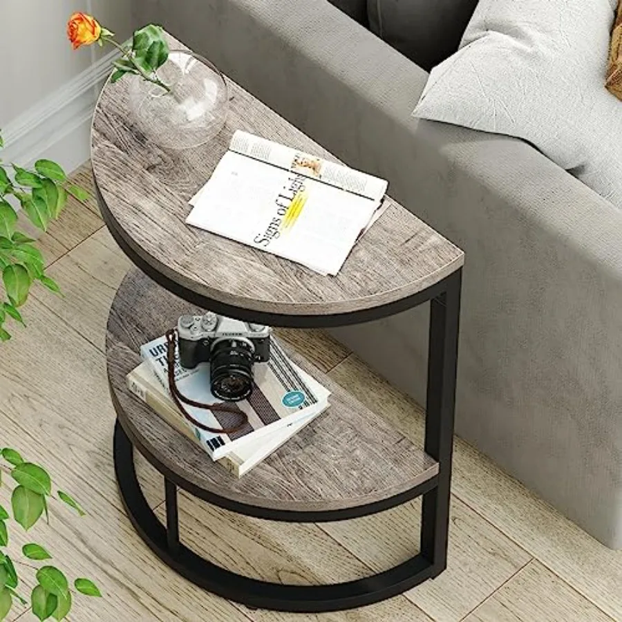 

2-Tier End Table Semi Circle for Living Room Bedroom, Wood Accent Table in Rustic Grey Black with Storage Shelf, Slim C Shape S