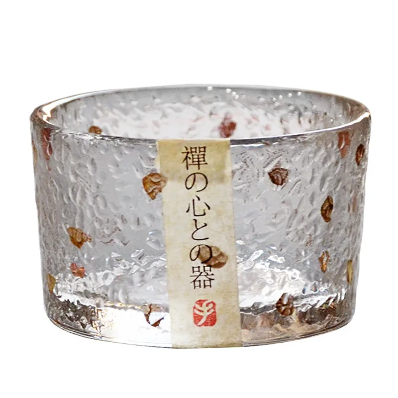 Japanese Style Gold Rim Hammered Glass Tea Cup, Lead-Free Heat Resistant Sake Bowl for Kung Fu Tea Home Kitchen Drinkware