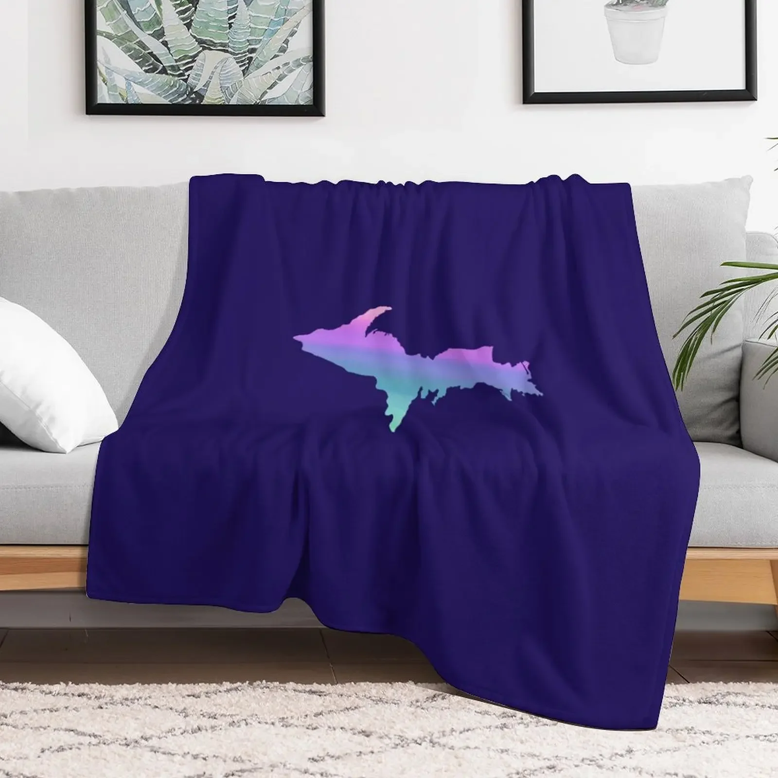 

UP Upper Peninsula Blue Green Pink Purple Ombre Graphic Yooper 906 Throw Blanket Soft Plush Plaid Vintage Blankets