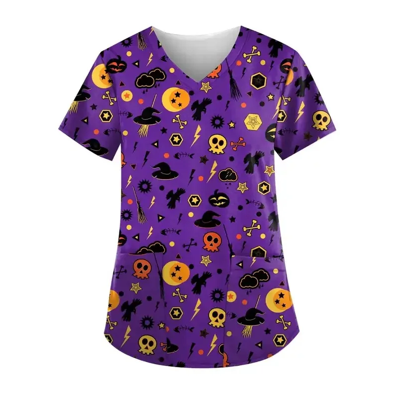 Halloween Women's Spider Pattern Medical Uniform Short SleeveVSlightly elastic collar nurse top clinical workwearTShirt