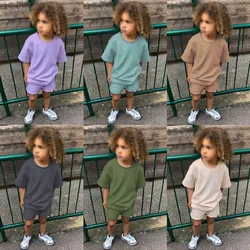 2024 estate bambini tinta unita Casual manica corta + pantaloncini elastici in vita 2 pezzi cotone Set bambino ragazze ragazzi abbigliamento sportivo 0-6Y