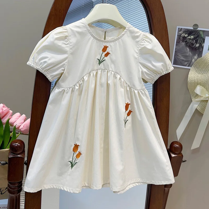 

2024Girls' Summer Princess Dress Puff Sleeve Cotton Embroidered Children Fashionable Dress Tide