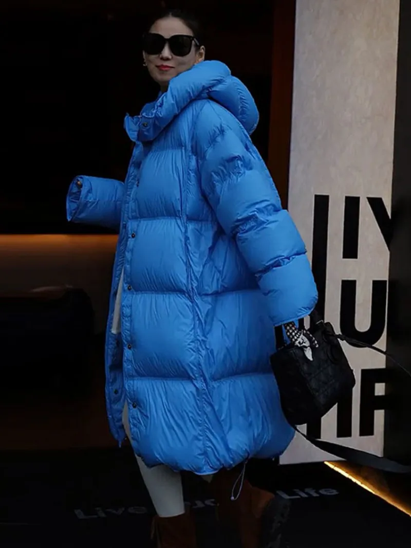 Korean Style Women Blue Hooded Down Jacket Single Breasted Loose Fit Warm Mid-length Puffer Jackets Autumn Casual Long Outerwear