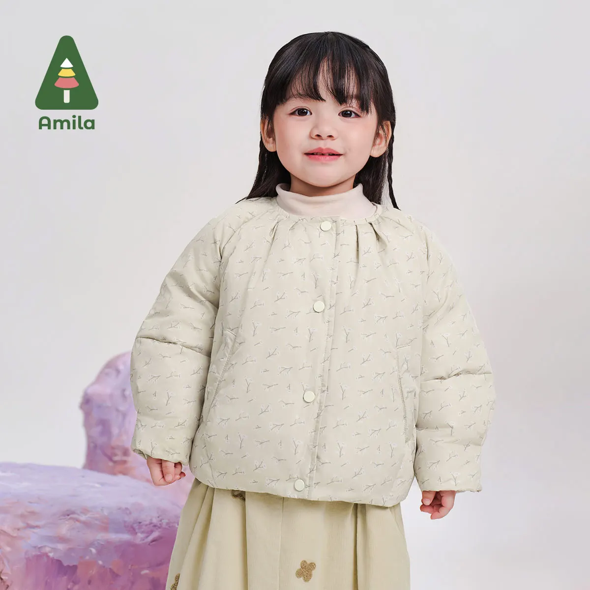 Amila Baby Cotton Clothes 2024 Winter New High Quality Girls Solid Color Round Neck Cute Soft Warm Casual Loose Children‘s Coat