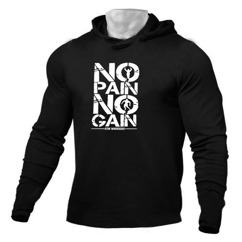 

NO PAIN NO GAIN Men's Hooded Running T-shirts Autumn Fitness Long Sleeve Hoodies Cotton Gym Clothing Sports Muscle Tshirt