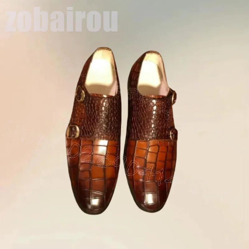 

Brown Crocodile Print Double Monk Buckle Loafers Fashion Slip On Men Shoes Luxury Handmade Party Banquet Office Men Dress Shoes