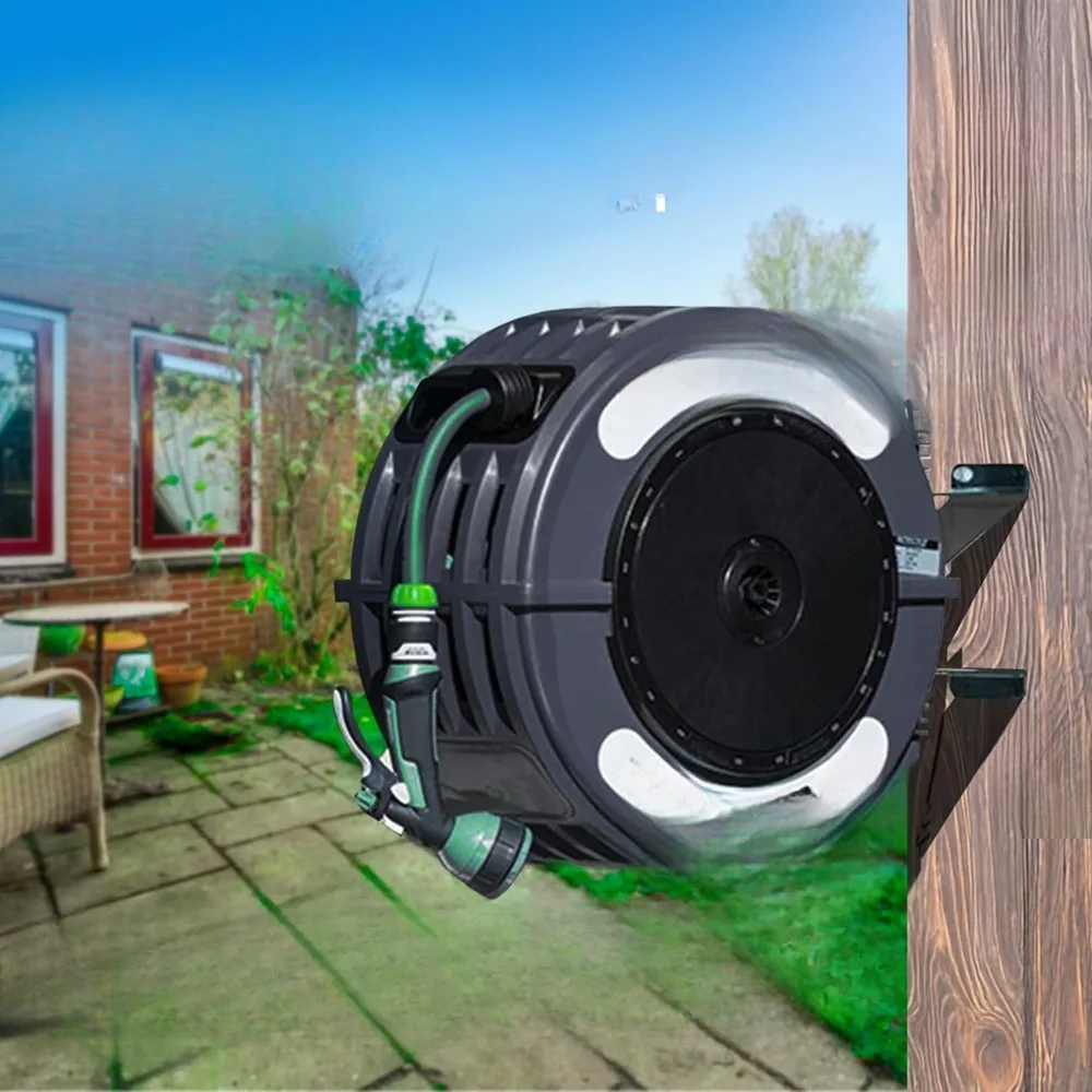 Hose Reel, 82 Ft Water Hose Reel Heavy Duty Retractable Hose with Metal 180° Swivel Rotation Bracket