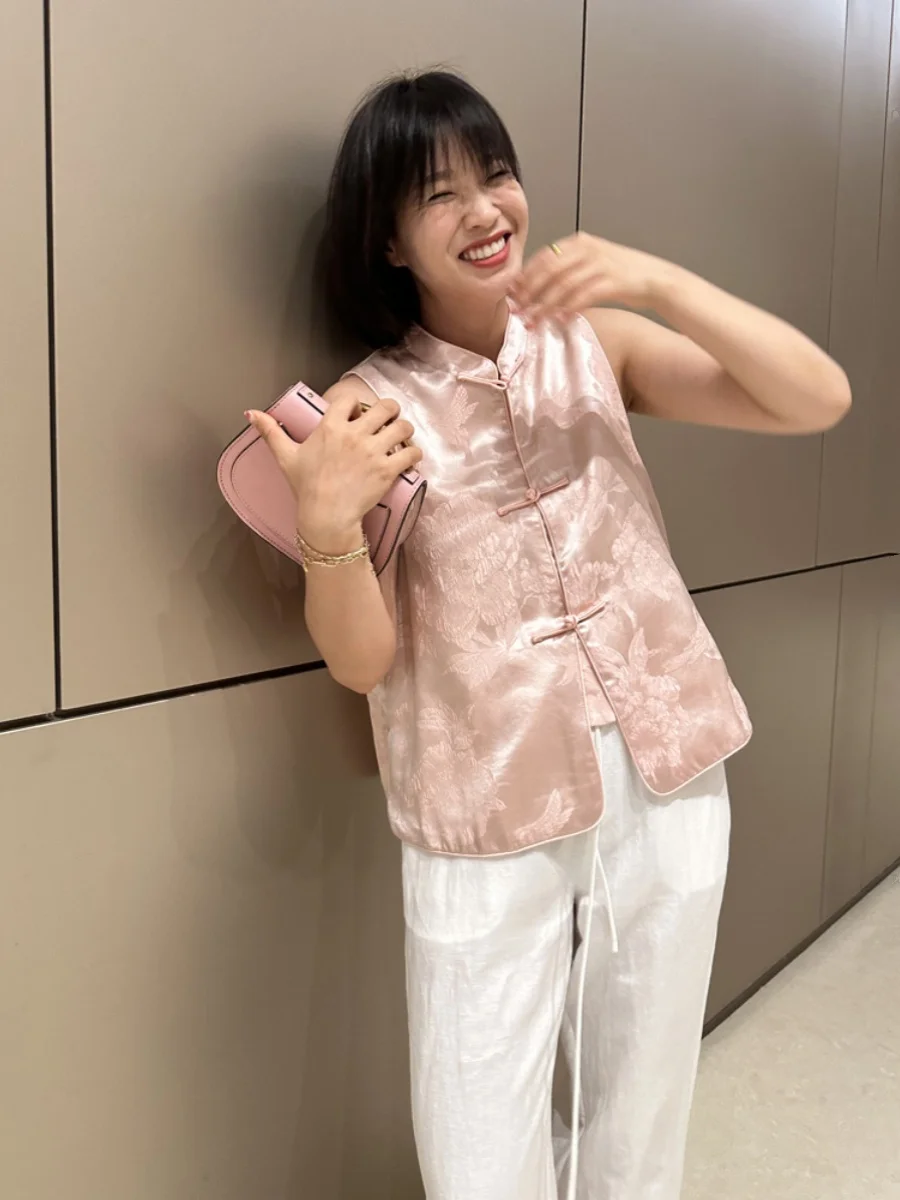 

Ele Heavyweight 30 Momme Silk Embroidered Button Stand Collar Chinese Sle Vest Jaet Fene Aosphere