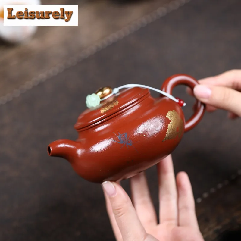 BAEJORIA 260ml Handmade Yixing Purple Clay Teapots Handmade Maple Leaf Gold Drawing Antique Pot Raw Ore Zhu Mud Kettle Zisha Tea