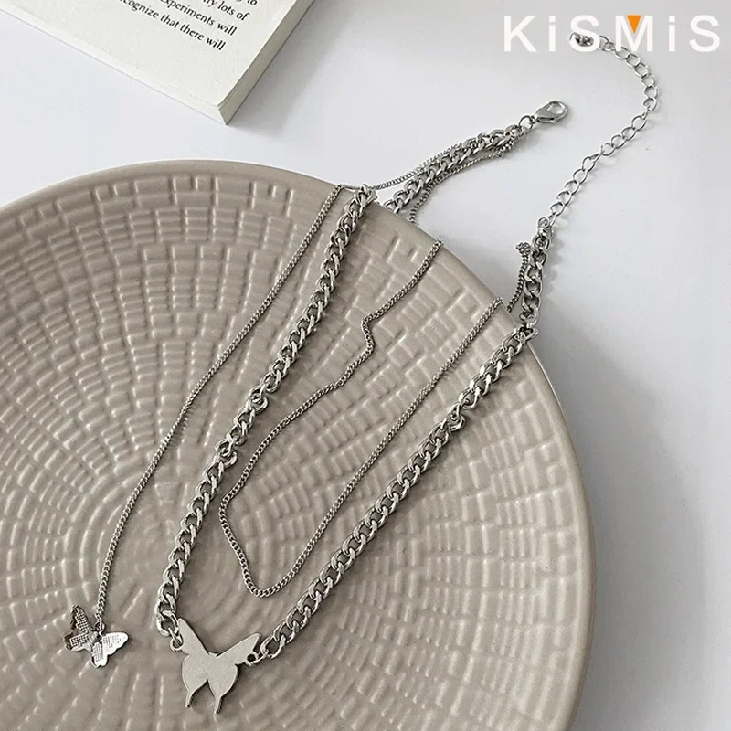 KISMIS 1PC  Ladies New Butterfly Pendant Double Layer Titanium Steel Necklace Hip Hop Clavicle Chain