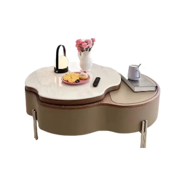

FG10Rock slab light luxury modern simple saddle leather retractable high-end living room multi-functional round coffee table