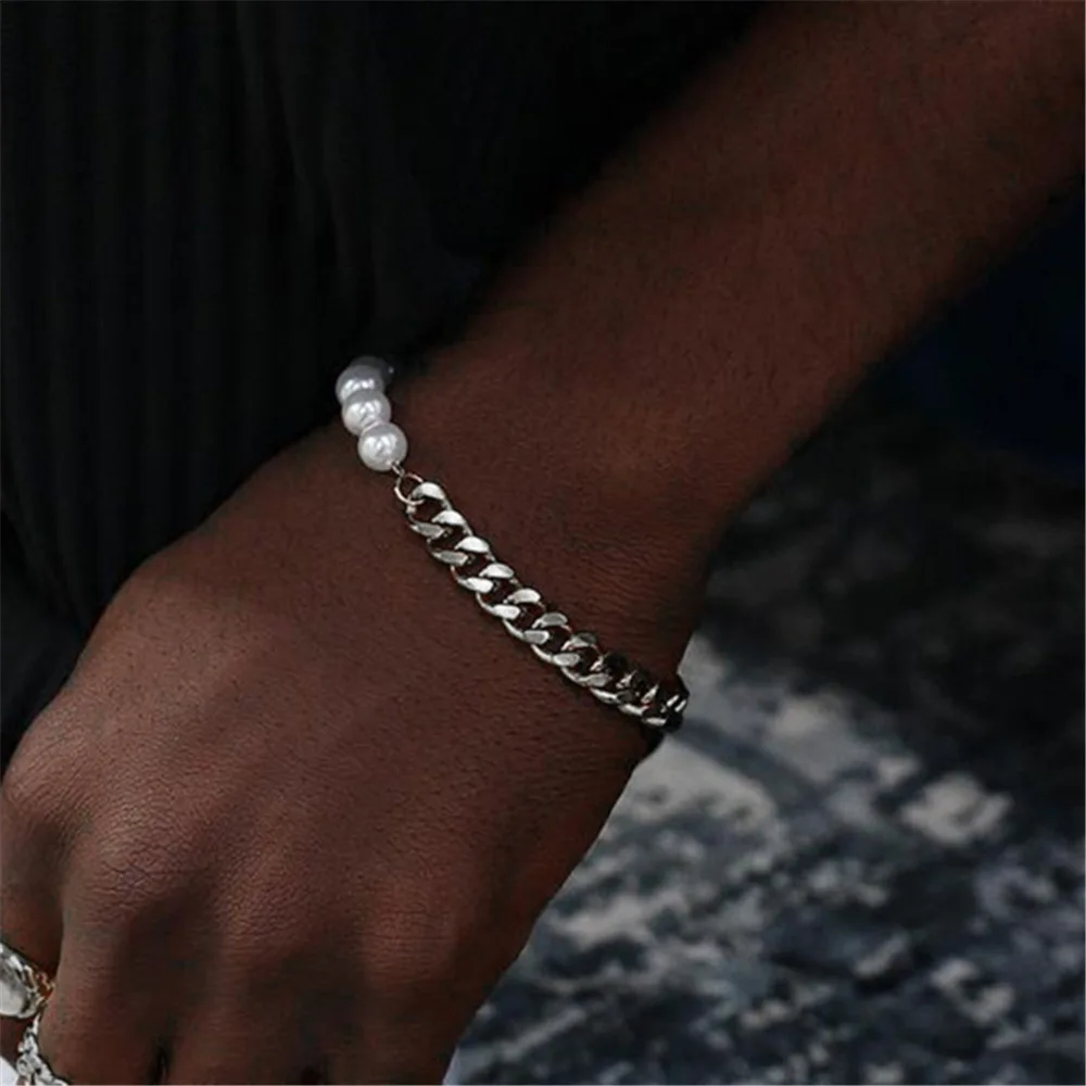Einfaches Edelstahl-Perlenarmband in Silberfarbe, Herren-Kubakette, Retro-Party-Schmuck, Herrenmode-Accessoires – Detail 5
