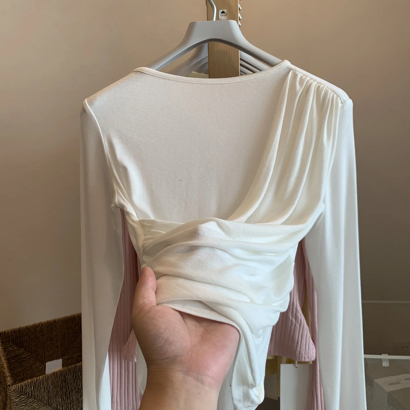 Suseyiku Women's Long Sleeve T-Shirt round Neck Gathered Waist Wool Blend Summer New Style Casual Wear Regular Fit Pure Color