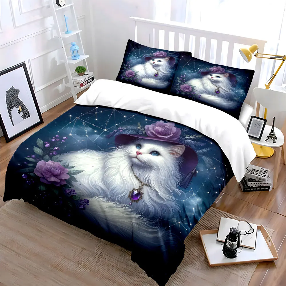 White cat with floral hat and starry background Print Bedding Set 1 Duvet Cover 2 Pillowcases for Adult and Children Luxury Gift