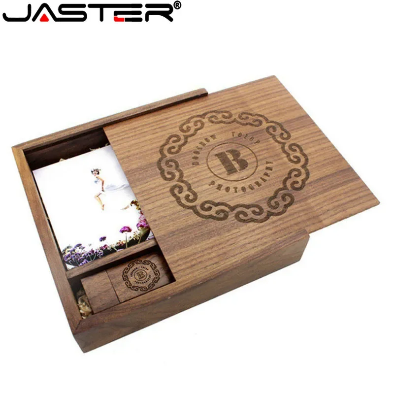 JASTER (1 Buah Gratis LOGO) Foto Album Unik USB + Kotak Kayu Walnut Pendrive USB Flash Drive 8GB 16GB 32GB 64GB(170*170*35 Mm)