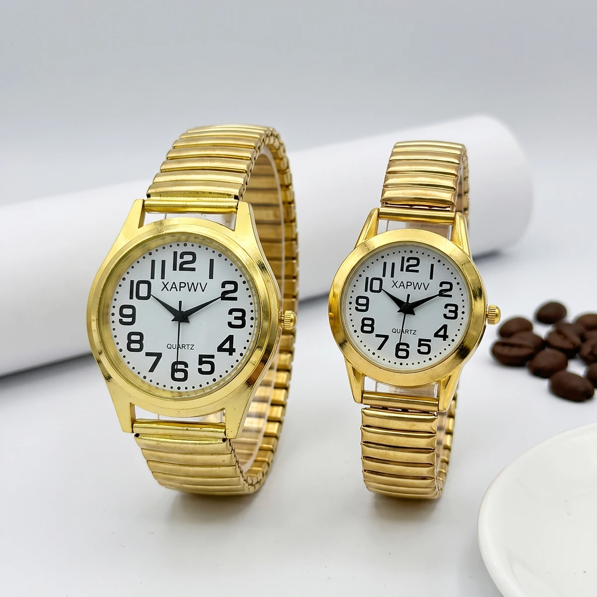 Simple Business Casual Couple's Watch with Elastic Strap and Arabic Numeral Dial, Quartz Watch for Men and Women