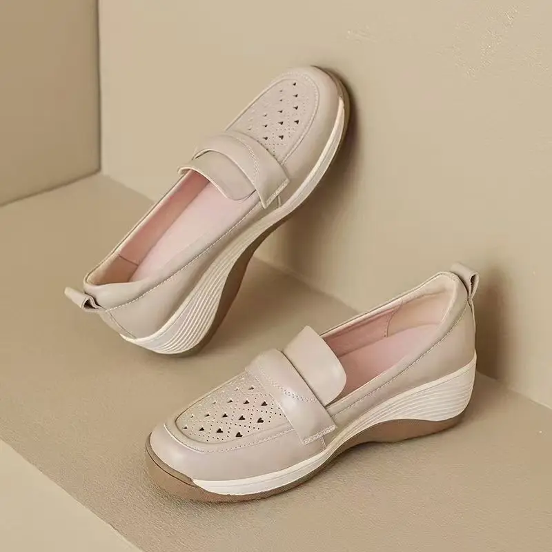 

Women's Leather Hollow Out Wedges Casual Shoes Spring Summer Thick sole Non Slip Shallow Slip On Round Toe Breathable Loafers