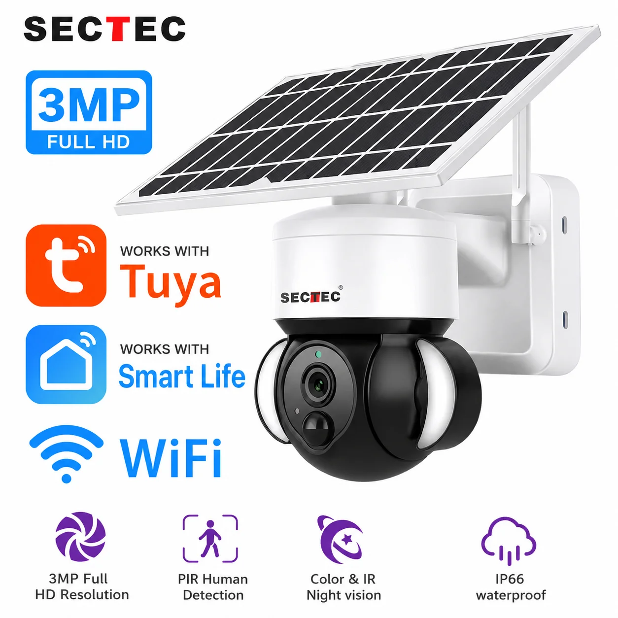 SECTEC Tuya WiFi Camear Solar Panel Battery Security Camear Outdoor 3MP PTZ Camera PIR Detection Color Night Vision IP66
